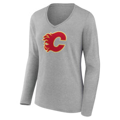 Calgary Flames Women's Primary Logo Long Sleeve V-Neck T-Shirt Gray