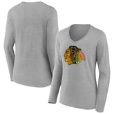 Chicago Blackhawks Women's Primary Logo Long Sleeve V-Neck T-Shirt Gray