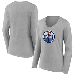 Edmonton Oilers Women's Primary Logo Long Sleeve V-Neck T-Shirt Gray