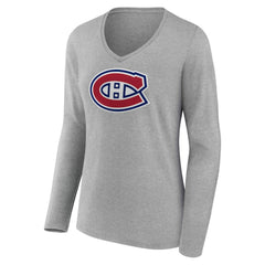 Montreal Canadiens Women's Primary Logo Long Sleeve V-Neck T-Shirt Gray
