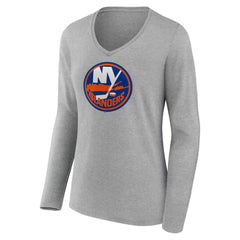 New York Islanders Women's Primary Logo Long Sleeve V-Neck T-Shirt Gray