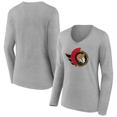 Ottawa Senators Women's Primary Logo Long Sleeve V-Neck T-Shirt Gray