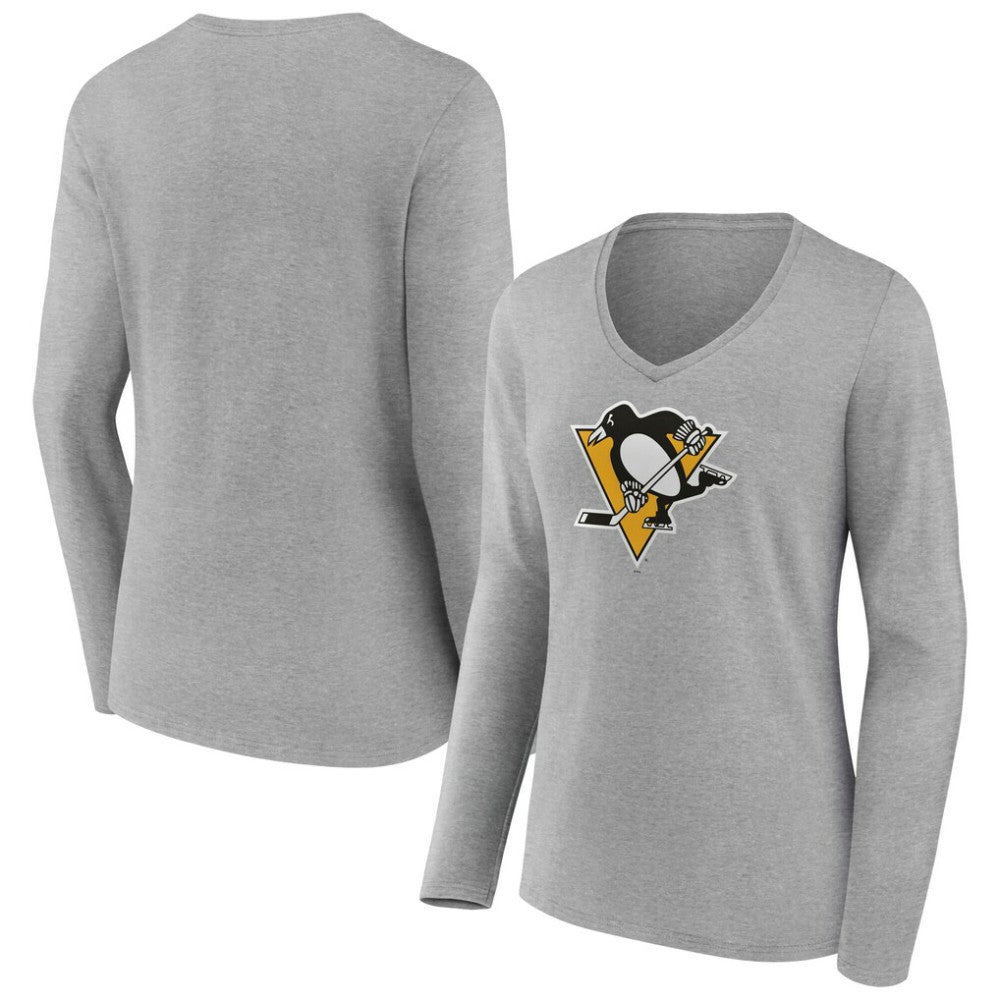 Pittsburgh Penguins Women's Primary Logo Long Sleeve V-Neck T-Shirt Gray