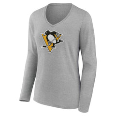 Pittsburgh Penguins Women's Primary Logo Long Sleeve V-Neck T-Shirt Gray