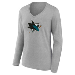 San Jose Sharks Women's Primary Logo Long Sleeve V-Neck T-Shirt Gray
