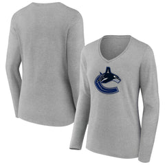 Vancouver Canucks Women's Primary Logo Long Sleeve V-Neck T-Shirt Gray