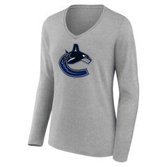 Vancouver Canucks Women's Primary Logo Long Sleeve V-Neck T-Shirt Gray