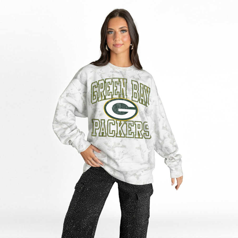 Green Bay Packers Gameday Couture Women's Whiteout Oversized Premium Fleece Sweatshirt - Arctic Camo cheap