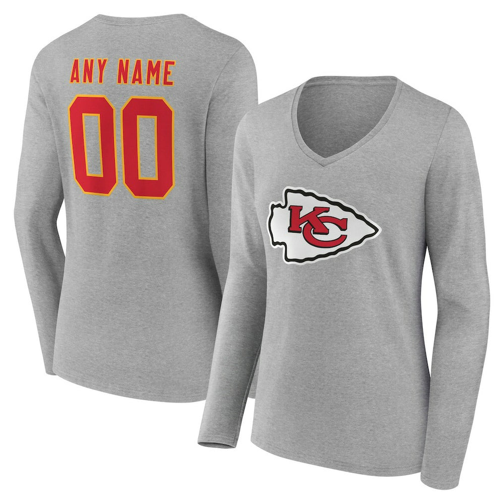 Kansas City Chiefs Women's Team Authentic Personalized Name & Number Long Sleeve V-Neck T-Shirt - Gray outlet
