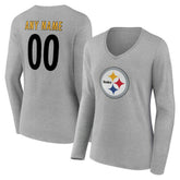 Pittsburgh Steelers Women's Team Authentic Personalized Name & Number Long Sleeve V-Neck T-Shirt - Gray outlet