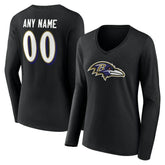 Baltimore Ravens Women's Team Authentic Personalized Name & Number Long Sleeve V-Neck T-Shirt - Black on sale