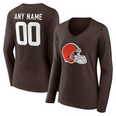 Cleveland Browns Women's Team Authentic Personalized Name & Number Long Sleeve V-Neck T-Shirt - Brown discount