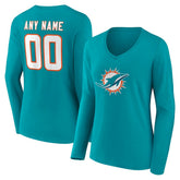 Miami Dolphins Women's Team Authentic Personalized Name & Number Long Sleeve V-Neck T-Shirt - Aqua discount