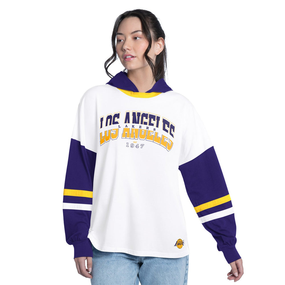 Los Angeles Lakers G-III 4Her by Carl Banks Women's Key Player Oversized Hooded Long Sleeve T-Shirt - White/Purple for sale