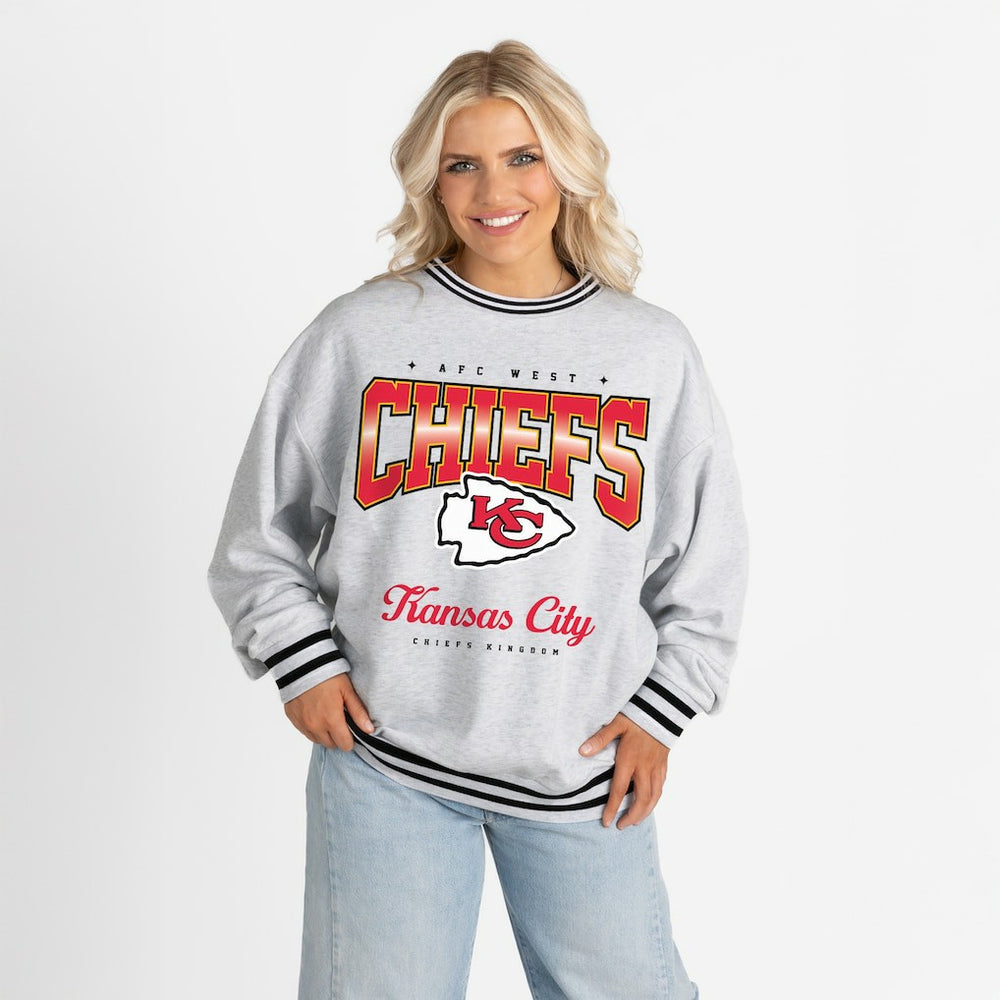 Kansas City Chiefs Gameday Couture Women's Oversized Gridiron Drive Ringer Stripe Sweatshirt - Ash/Black outlet