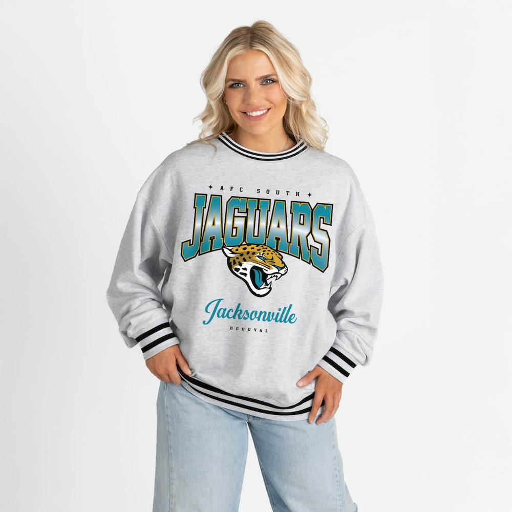 Jacksonville Jaguars Gameday Couture Women's Oversized Gridiron Drive Ringer Stripe Sweatshirt - Ash/Black online