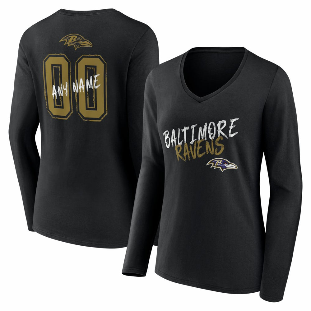 Baltimore Ravens Women's Hustle Personalized Name & Number Long Sleeve V-Neck T-Shirt - Black cheap