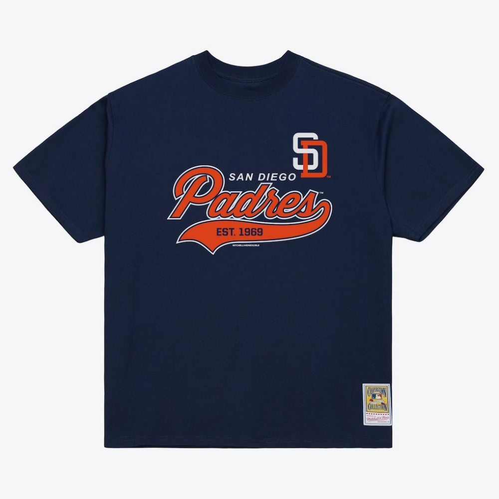 San Diego Padres Script Sweep Arch T-Shirt - Navy | Mitchell & Ness