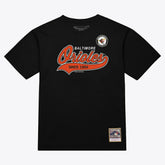 Baltimore Orioles Script Sweep Arch T-Shirt - Black | Mitchell & Ness