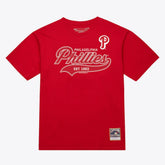 Philadelphia Phillies Script Sweep Arch T-Shirt - Red | Mitchell & Ness