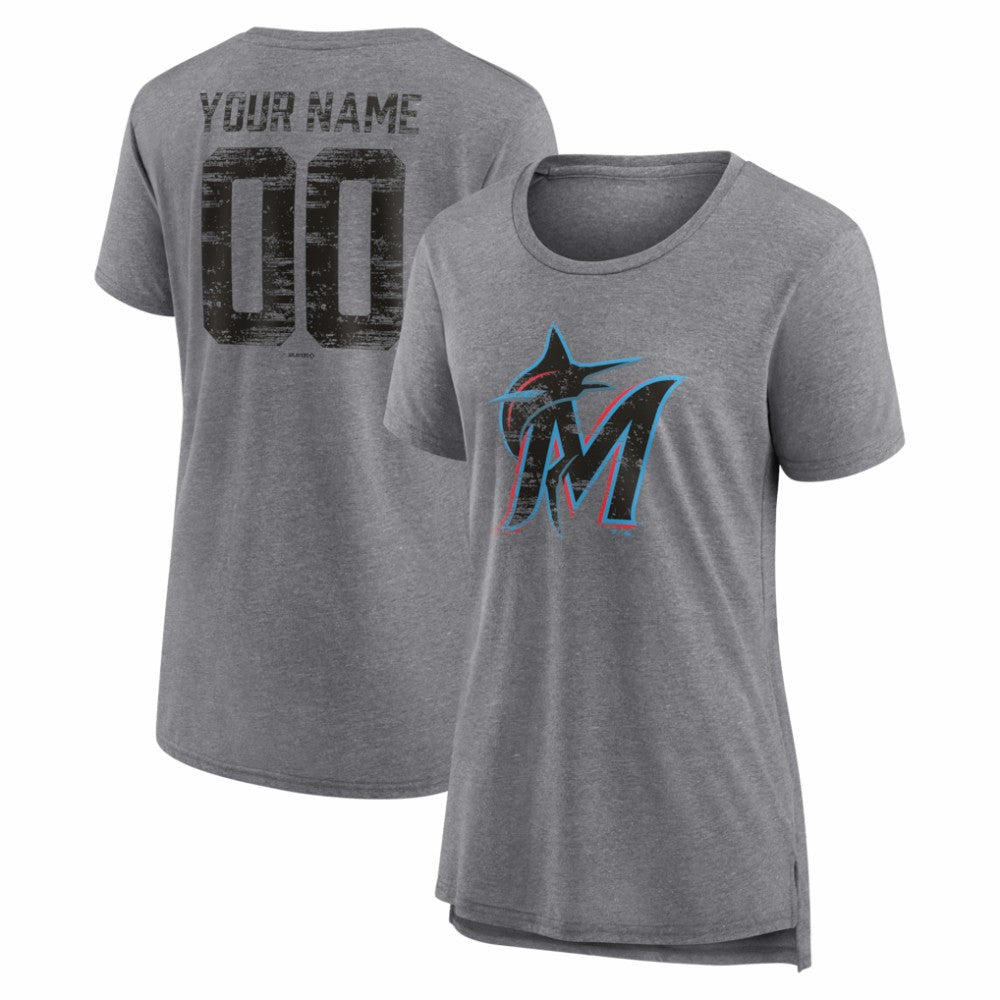 Miami Marlins Women's Heritage Personalized Any Name & Number Tri-Blend T-Shirt - Gray