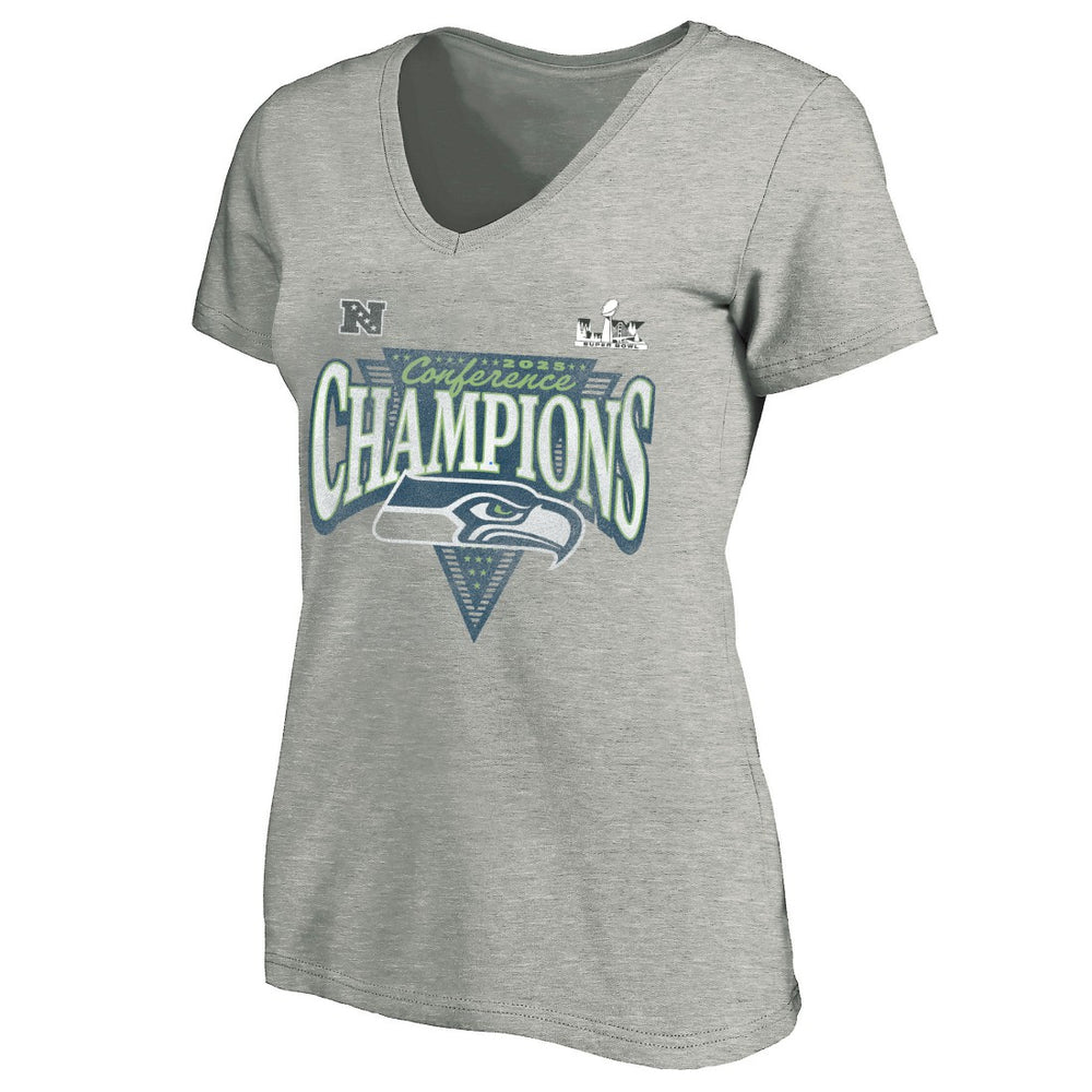 Seattle Seahawks Women's 2025 NFC Champions Plus Size Hail Mary Tri-Blend V-Neck T-Shirt - Heather Gray sale