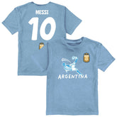 Lionel Messi Argentina National Team Vive La Fete Youth Player Name & Number Chilena Style T-Shirt - Light Blue for sale