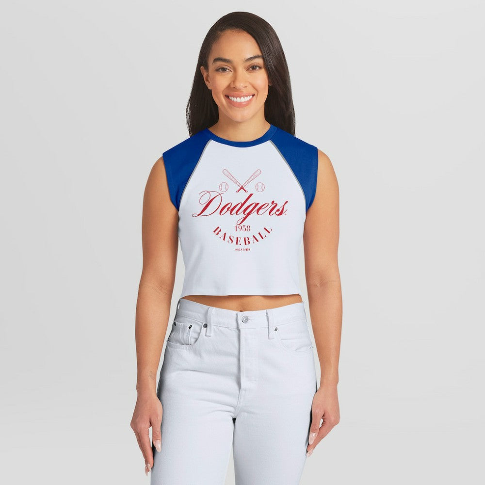 Los Angeles Dodgers WEAR by Erin Andrews Women's Cooperstown Cropped Raglan Tank Top - White