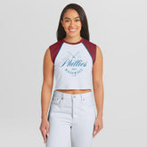 Philadelphia Phillies WEAR by Erin Andrews Women's Cooperstown Cropped Raglan Tank Top - White