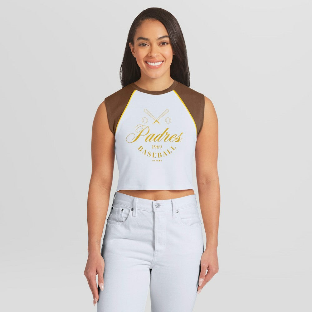 San Diego Padres WEAR by Erin Andrews Women's Cooperstown Cropped Raglan Tank Top - White