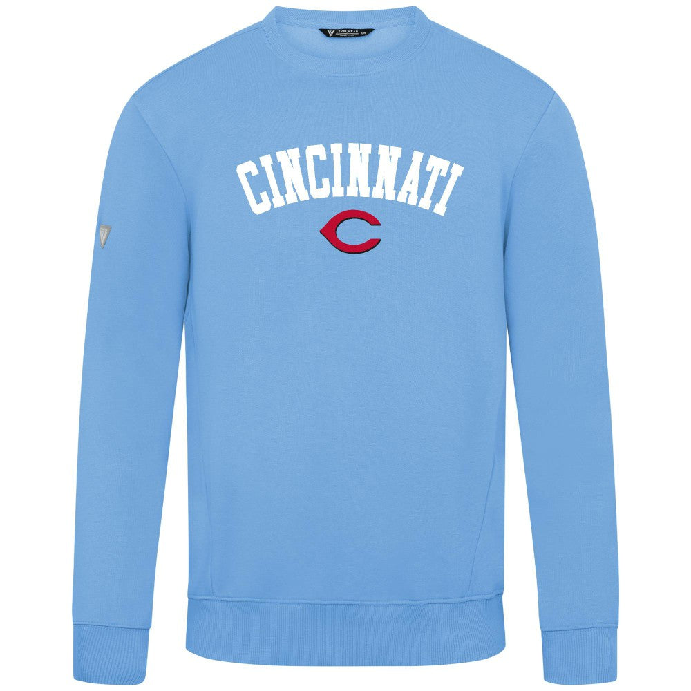 Cincinnati Reds Levelwear Zane Felt Arch Pullover Sweatshirt - Light Blue