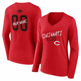 Cincinnati Reds Women's Hustle Personalized Name & Number Long Sleeve V-Neck T-Shirt - Red