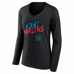 Miami Marlins Women's Hustle Personalized Name & Number Long Sleeve V-Neck T-Shirt - Black