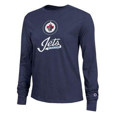 Winnipeg Jets Champion Women's Wordmark Lockup Long Sleeve T-Shirt Navy