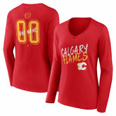 Calgary Flames Women's Hustle Personalized Name & Number Long Sleeve V-Neck T-Shirt Red