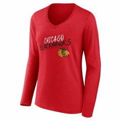 Chicago Blackhawks Women's Hustle Personalized Name & Number Long Sleeve V-Neck T-Shirt Red