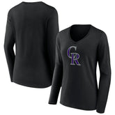 Colorado Rockies Women's Team Color Primary Logo V-Neck Long Sleeve T-Shirt - Black
