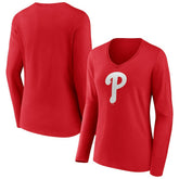 Philadelphia Phillies Women's Team Color Primary Logo V-Neck Long Sleeve T-Shirt - Red