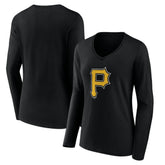 Pittsburgh Pirates Women's Team Color Primary Logo V-Neck Long Sleeve T-Shirt - Black