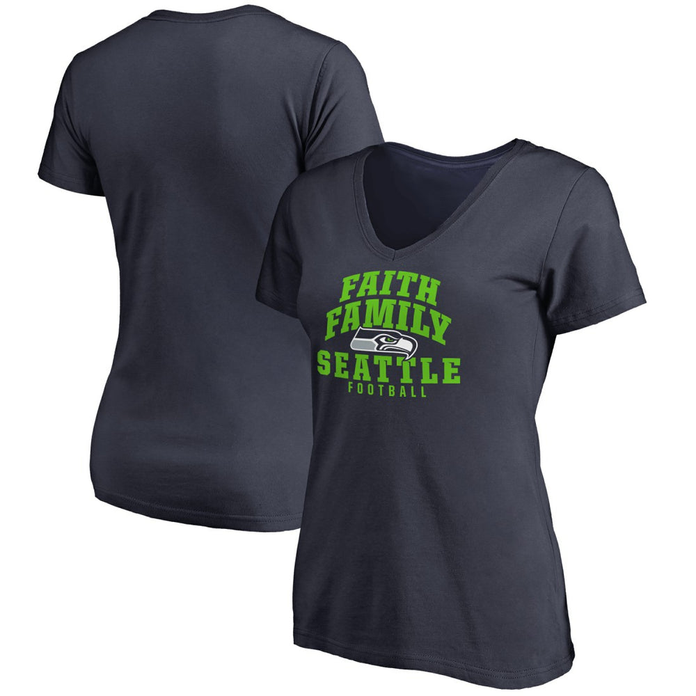 Seattle Seahawks Women's Faith Family V-Neck T-Shirt - Navy on sale