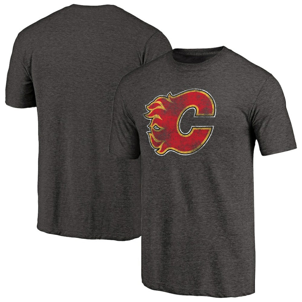 Calgary Flames Distressed Team Primary Logo Tri-Blend T-Shirt Black