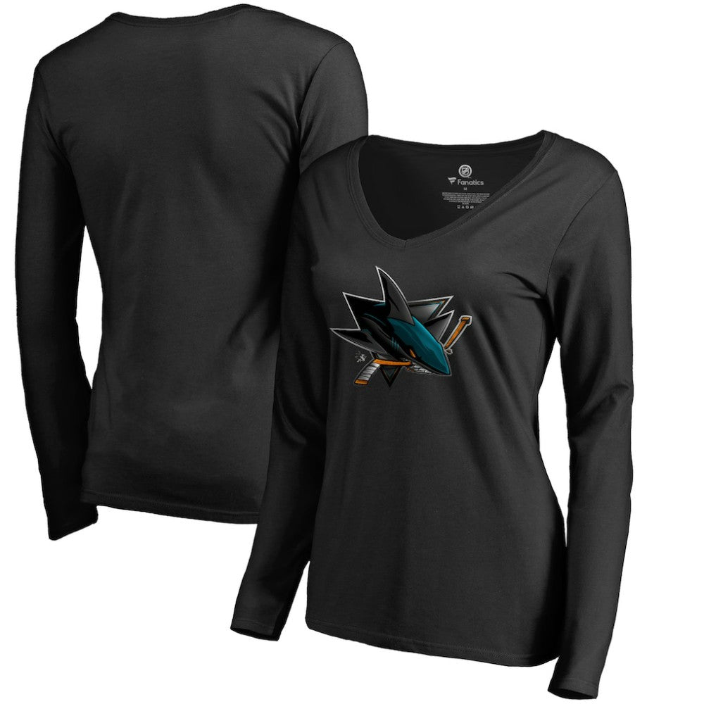 San Jose Sharks Women's Midnight Mascot Long Sleeve V-Neck T-Shirt Black