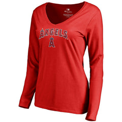Los Angeles Angels Women's Team Lockup Slim Fit Long Sleeve V-Neck T-Shirt - Red