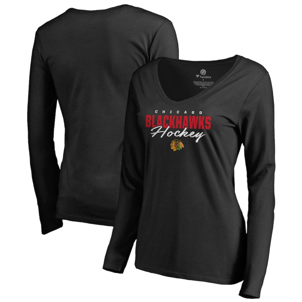 Chicago Blackhawks Women's Iconic Collection Script Assist Long Sleeve V-Neck T-Shirt Black
