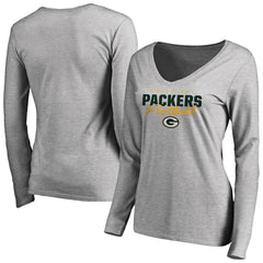 Green Bay Packers Women's Iconic Collection Script Assist Long Sleeve V-Neck T-Shirt - Ash outlet