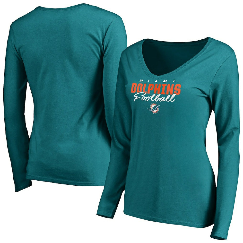 Miami Dolphins Women's Iconic Collection Script Assist Long Sleeve V-Neck T-Shirt - Aqua online