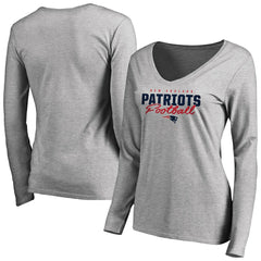 New England Patriots Women's Iconic Collection Script Assist Long Sleeve V-Neck T-Shirt - Ash discount