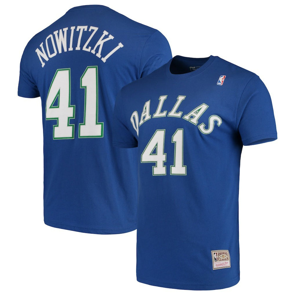 Dirk Nowitzki Dallas Mavericks Hardwood Classics Team Name & Number T-Shirt sale - Blue | Mitchell & Ness for sale