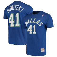 Dirk Nowitzki Dallas Mavericks Hardwood Classics Team Name & Number T-Shirt sale - Blue | Mitchell & Ness for sale