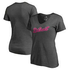 Detroit Tigers Women's Pink Wordmark V-Neck T-Shirt - Heathered Gray